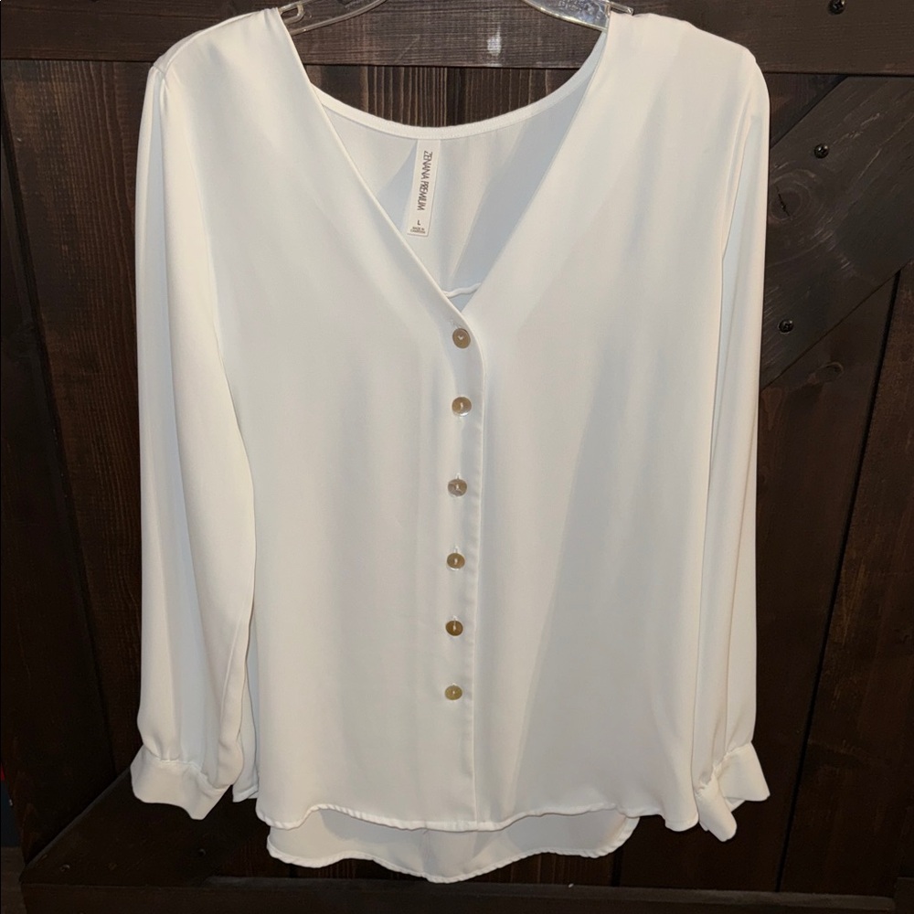 Zenana Outfitters White V-Neck Blouse with Gold Buttons